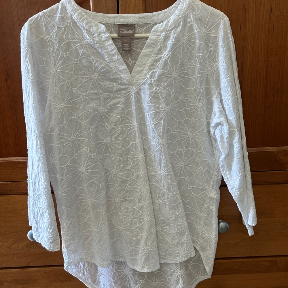 Chico's White Asymmetrical Blouse with Three-Quarter Sleeves